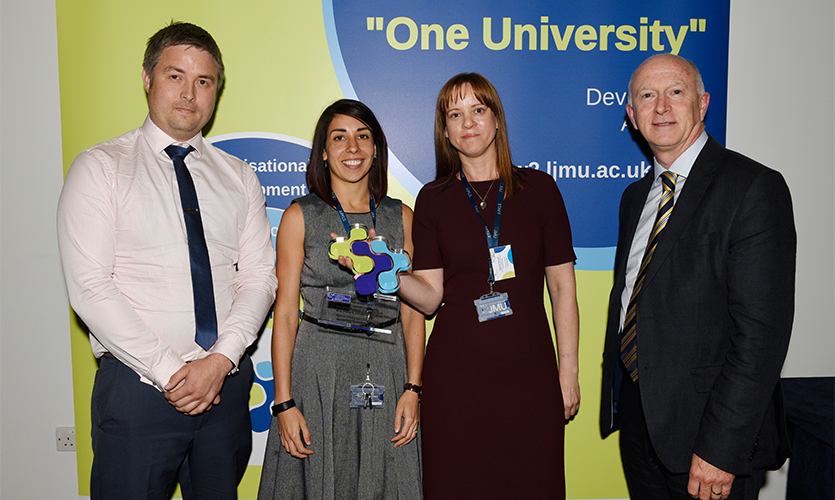 Saarah Robinson, Naomi Scharf and Guy Philip with LJMU Vice-Chancellor Professor Nigel Weatherill