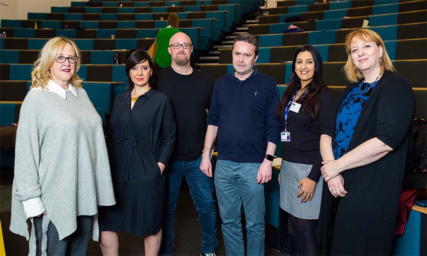 The presenters and master of ceremonies (left to right): Jane Boland, Angela Samata, Camerone Latham, Carl O’Loughlin, Pooja Saini, Ellen Townsend.