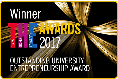 Times Higher Education logo with the text "Winner - Outstanding University Entrepreneurship Award