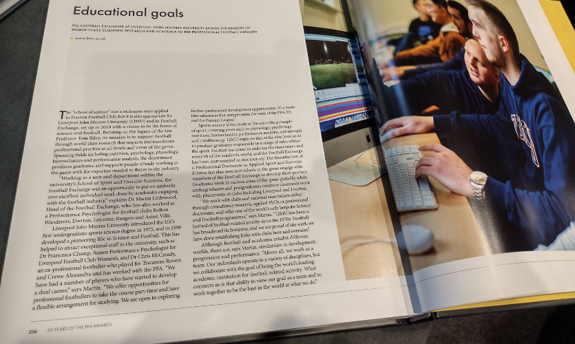 An image of the inside pages of a book with text about LJMU's school of sport and exercise sciences and a photo of students